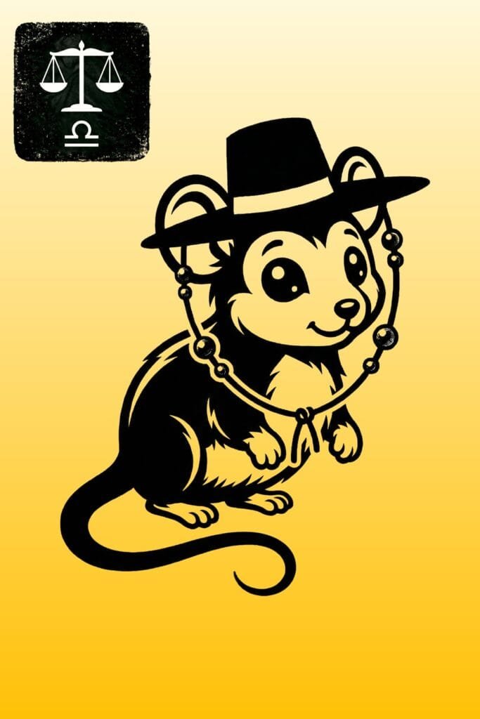 Illustration of 1972 Water Rat combined with Libra Zodiac sign, featuring Gold lucky color for 2026 Horoscope survival guide