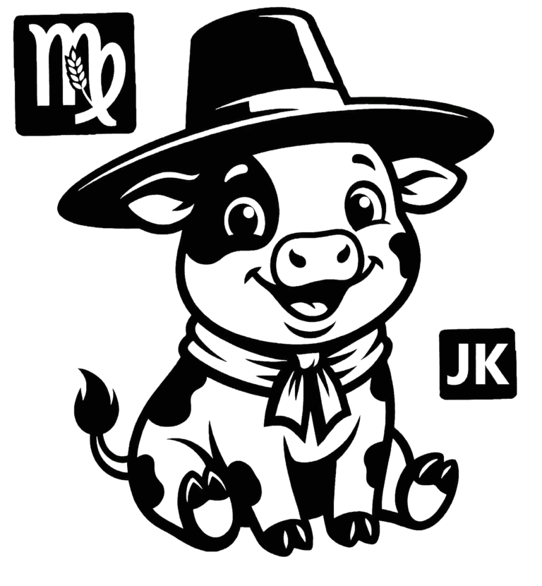 BTS Jungkook K-Zodiac Ox sign combined with Virgo symbol, black and white sticker style illustration with JK initial and Korean Gat hat