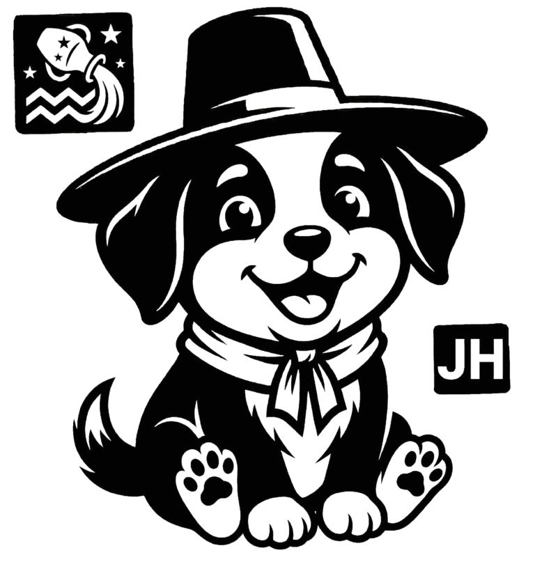 BTS J-Hope K-Zodiac Dog sign combined with Aquarius symbol, black and white sticker style illustration with JH initial