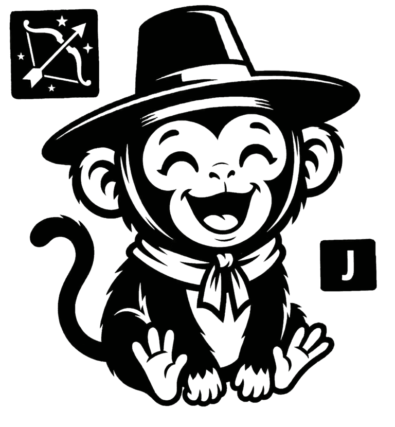 BTS Jin K-Zodiac Monkey sign combined with Sagittarius symbol, playful monkey illustration with J initial