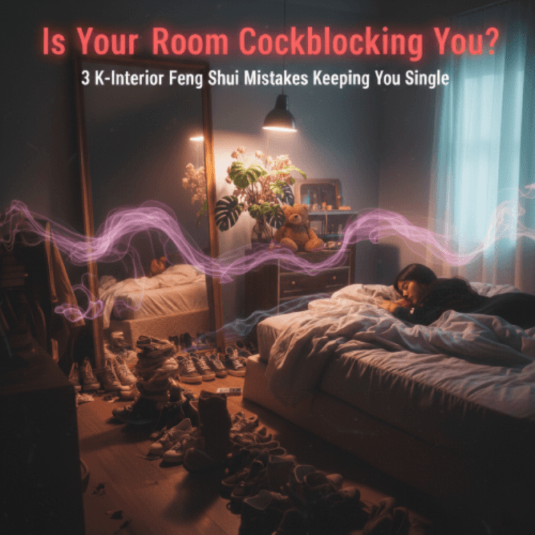 A conceptual illustration of bad K-Feng Shui at a home entrance. It depicts a cluttered hallway filled with unorganized shoes and dried flowers, emitting dark, stagnant energy (Si Chi). This negative energy is shown physically blocking a golden, mystical stream representing wealth and opportunity from entering the house.