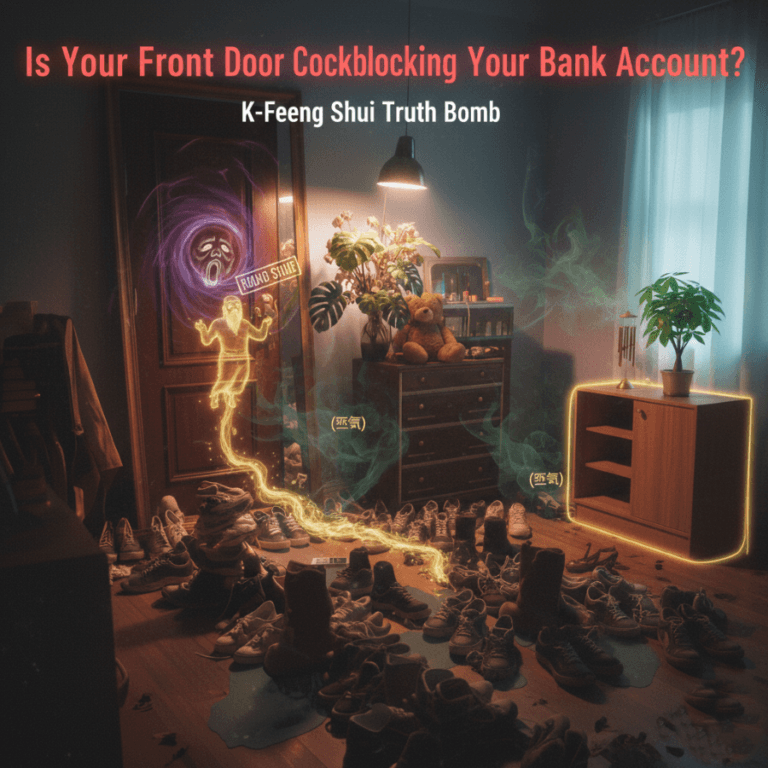 A messy front door entrance filled with cluttered shoes and dried flowers, emitting dark ominous energy and blocking a golden stream of wealth, symbolizing bad K-Feng Shui.